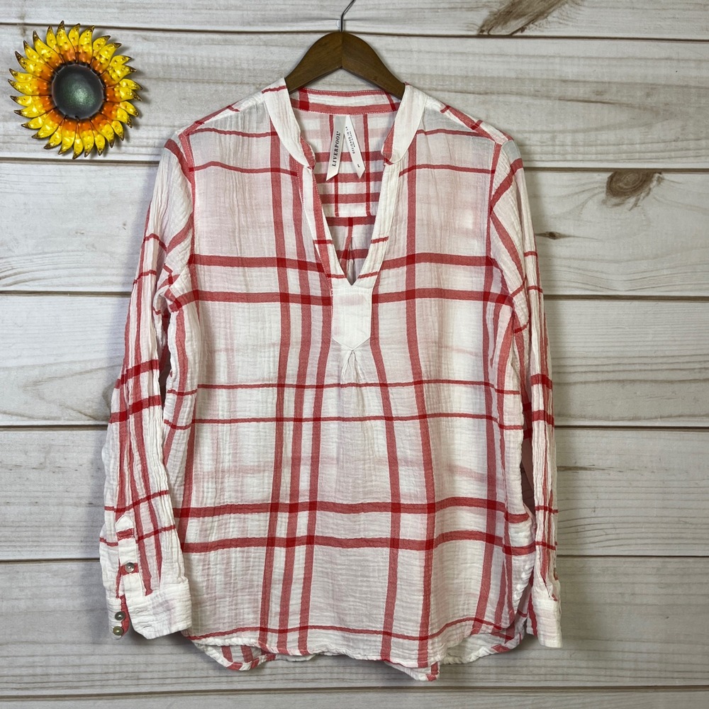 Liverpool Red White Plaid Button Up Shirt Women's L Resort cotton tunic‎ coverup